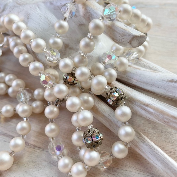 Vintage Judy Lee Faux Pearl Aurora Borealis Signed Necklace - Picture 6 of 11